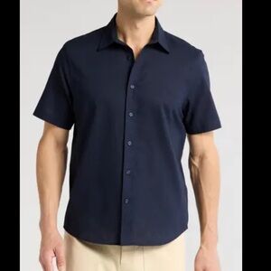 14th & Union Linen Cotton Short Sleeved Button Down Shirt Navy XL